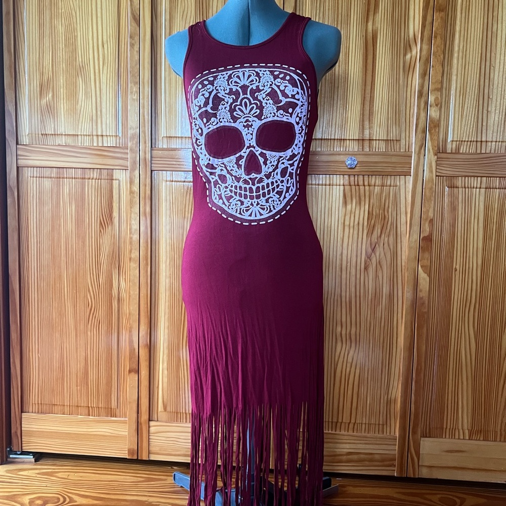 Body Central Burgundy Skull Fringe Midi Dress Size Small